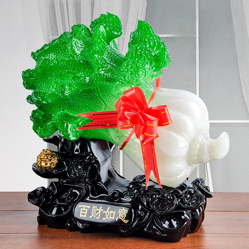 招财家居装饰酒柜客厅金蟾百财如意玉白菜摆件创意高档新房摆设