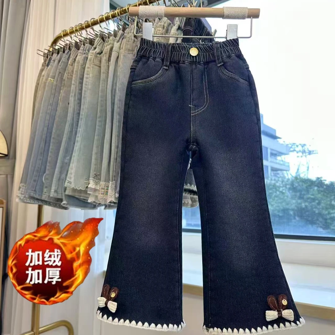 【10年童装】2025年新儿童喇韩版修身弹力冬款兔子打钻合并牛仔裤