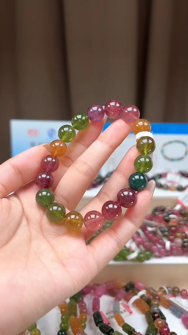 未镶嵌手串碧玺11.2mm明亮艳丽彩虹色玻璃体碧玺单圈手串