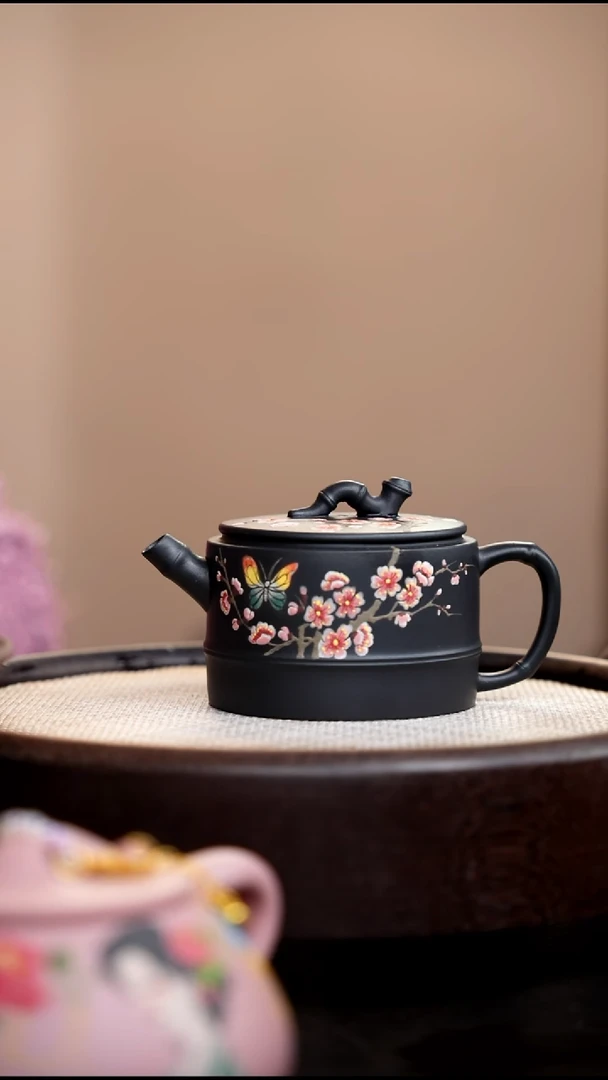 茶壶紫砂鸭**2云雾天青竹段泥绘蝶恋花