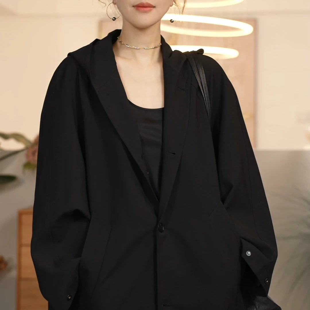 【叭哒不惑】日欢喜 休闲百搭设计师中长款连帽风衣外套