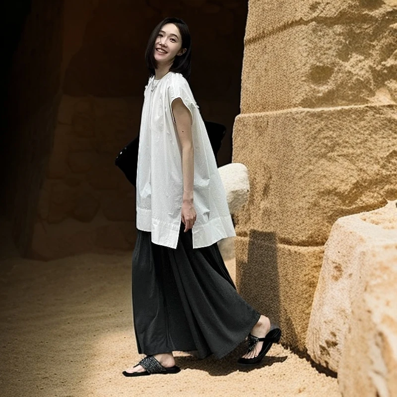 日系白色开叉飞飞袖背心上衣女一套中长款宽松垂感显瘦娃娃衫衬衫