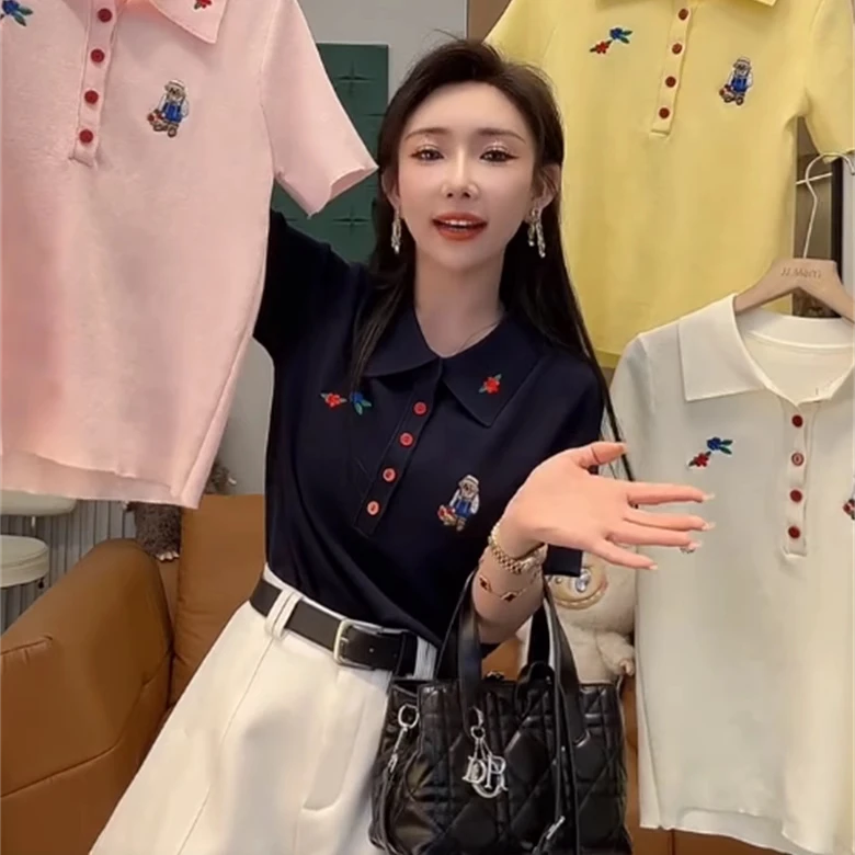 简约可爱小熊刺绣polo领短袖女2025夏季新款舒适减龄修身T恤上衣