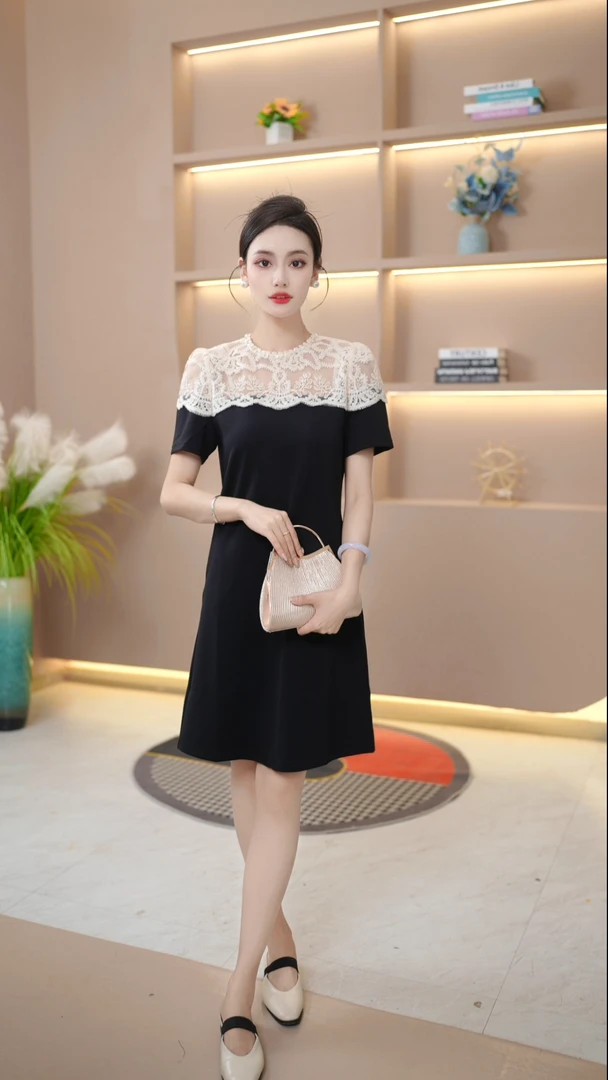 春夏气质新款连衣裙V领显瘦拼接优雅蕾丝减龄洋气中长款裙