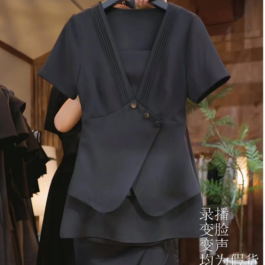 [原创大码设计师款]2024新款V领定制上衣+半身裙套装K3233