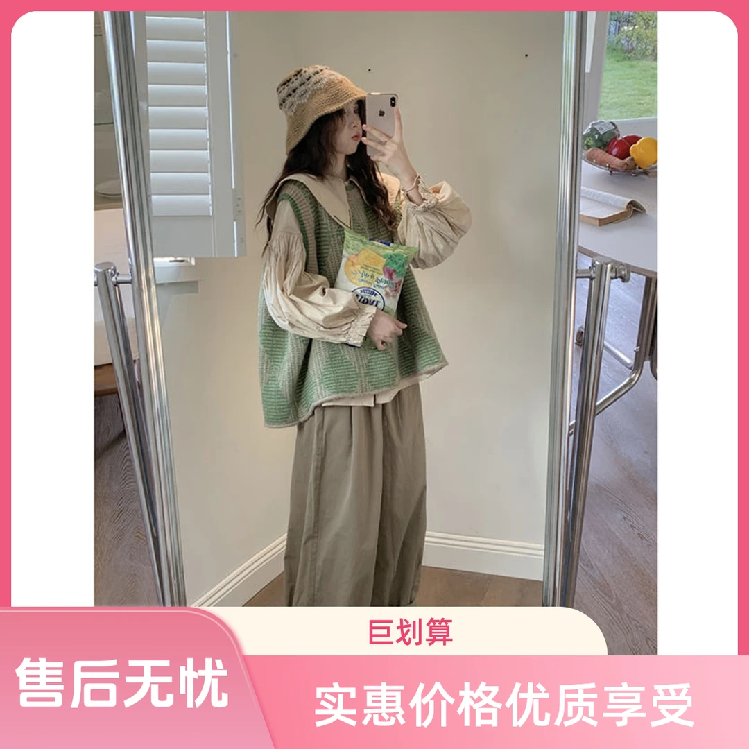 炸街大领泡泡袖衬衣女复古宽松外穿毛衣马甲+网红洋气炸街女装