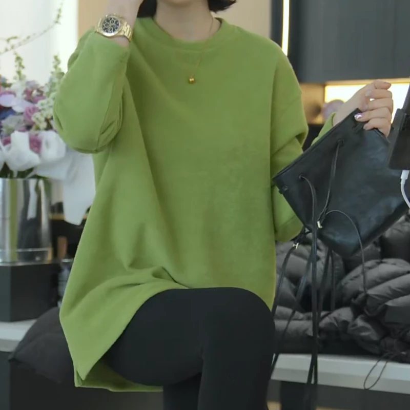 韩范有型慵懒圆领中长款宽松简约显瘦侧开叉加厚长袖T恤LK2509146