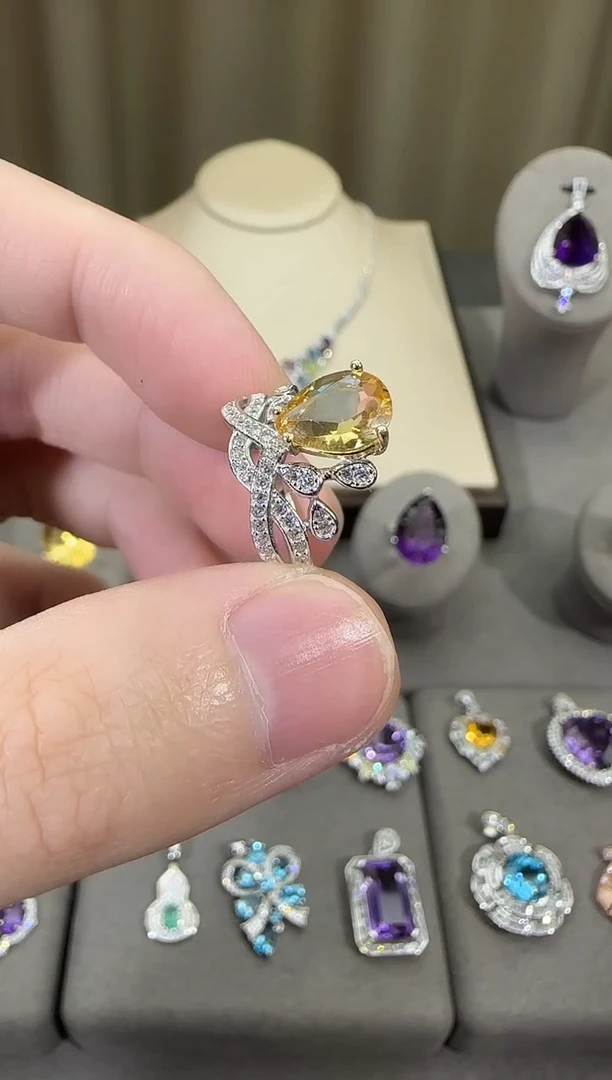 银S925镶嵌戒指黄晶10*8mm戒指水滴款