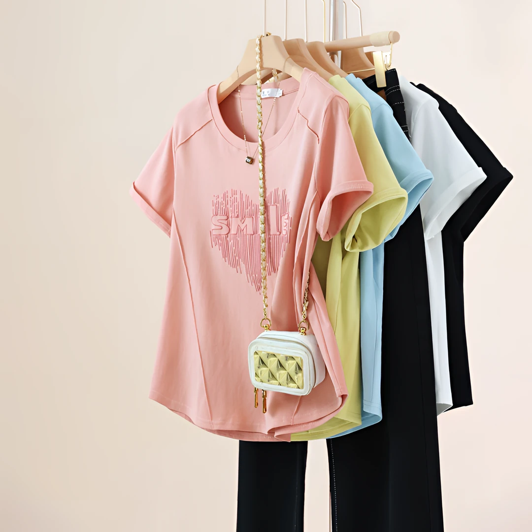 大码遮肉显瘦正肩短袖T恤女夏季百搭胖mm遮肚子鱼骨印花圆领上衣