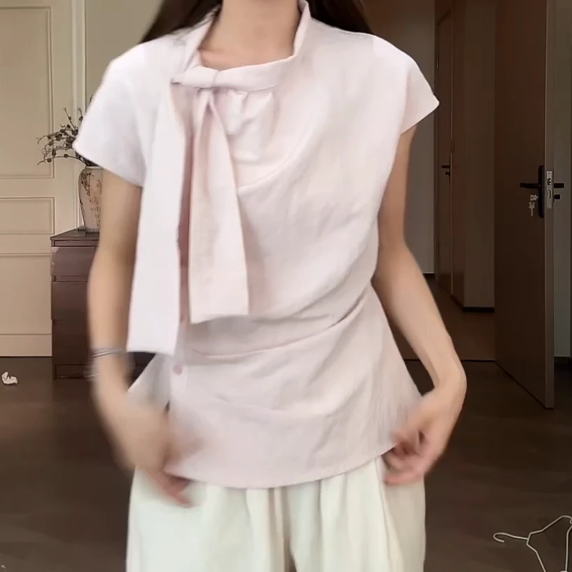 高级感不规则休闲显瘦百搭上条纹小飞袖飘带斜门襟衬衫女C5350