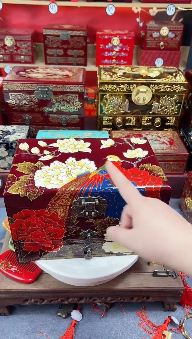 霞28厘米三层双抽传统彩绘手工漆器首饰盒