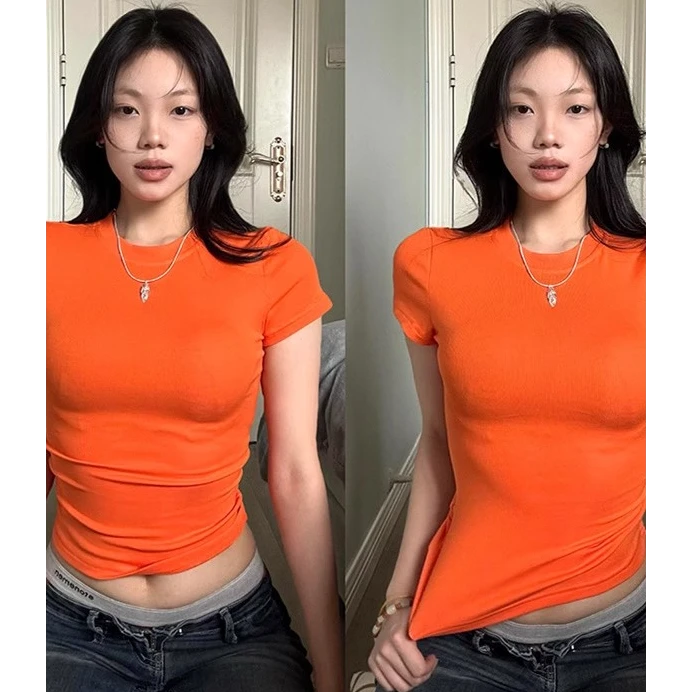 多巴胺橘色薄款夏季纯棉短袖t恤女修身显瘦正肩美式紧身短款上衣