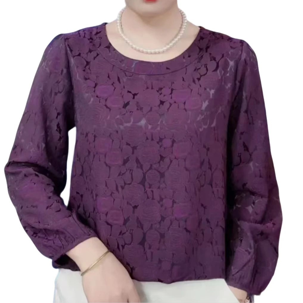 百花衣I七分袖提花衬衫女新款妈妈圆领t恤小衫宽松遮肚中袖上衣