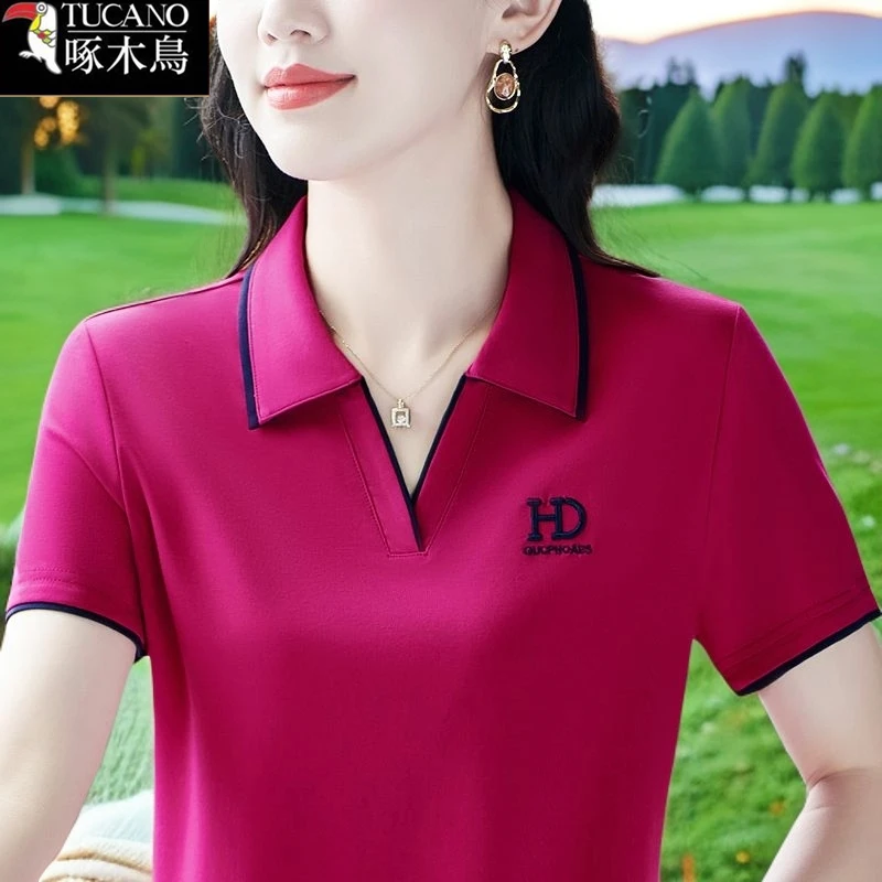 啄木鸟POLO领刺绣短袖T恤2025年夏季新款时尚大码显瘦洋气上衣女