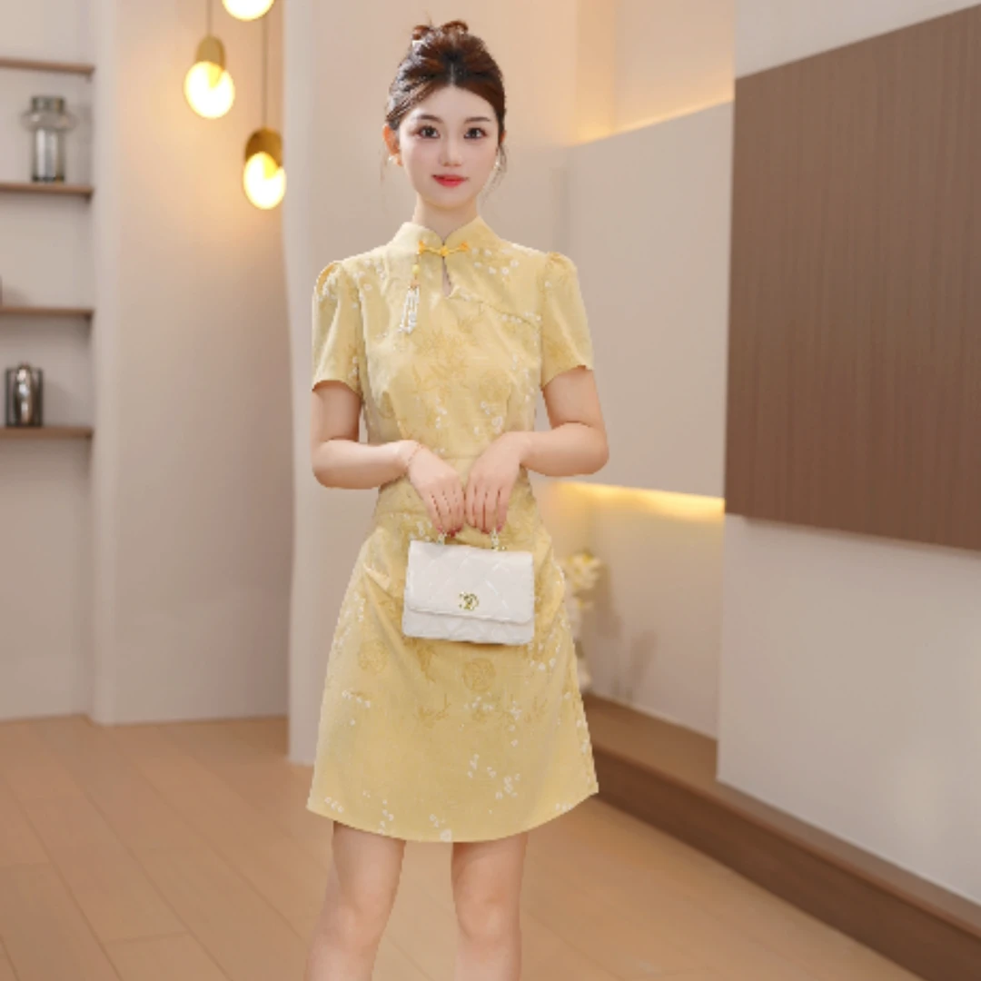 La Chapelle/拉夏贝尔 气质收腰修身新中式改良立领连衣裙女X0118