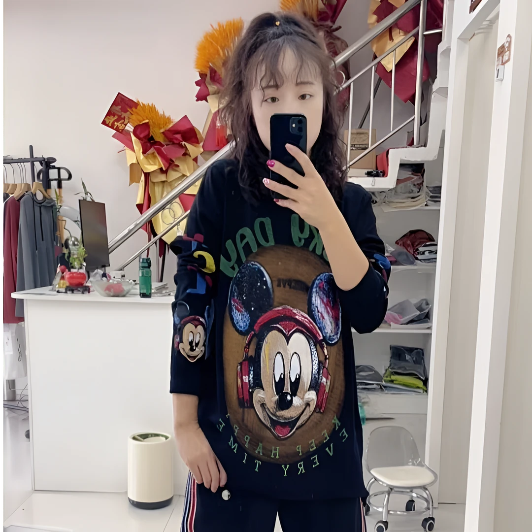 67欧版字母米奇重工弹力夏季打底衫-31256宽松黑色