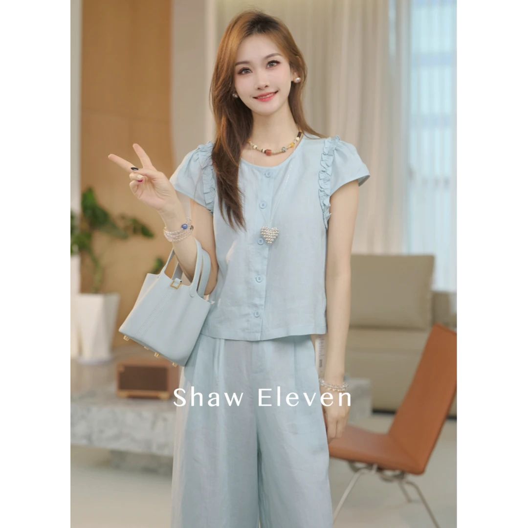 【Shaw Eleven】2025年夏女装法式圆领木耳边上衣裤子套装88758