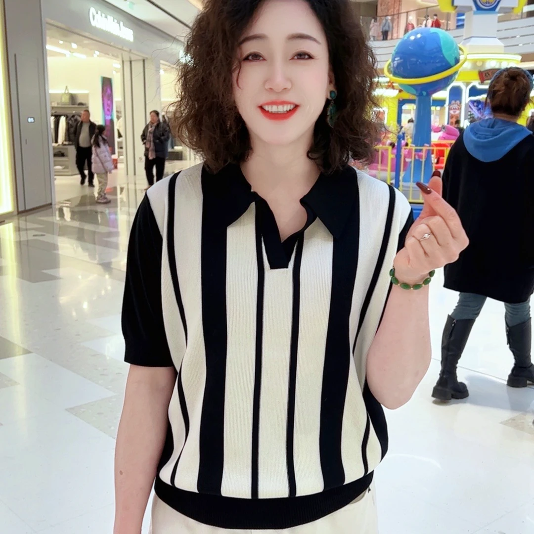 【春夏条纹针织短袖】显瘦气质洋气（24628）宽松翻领百搭时尚休闲