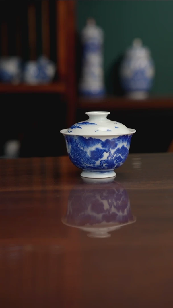 晓月柴窑 山水盖碗