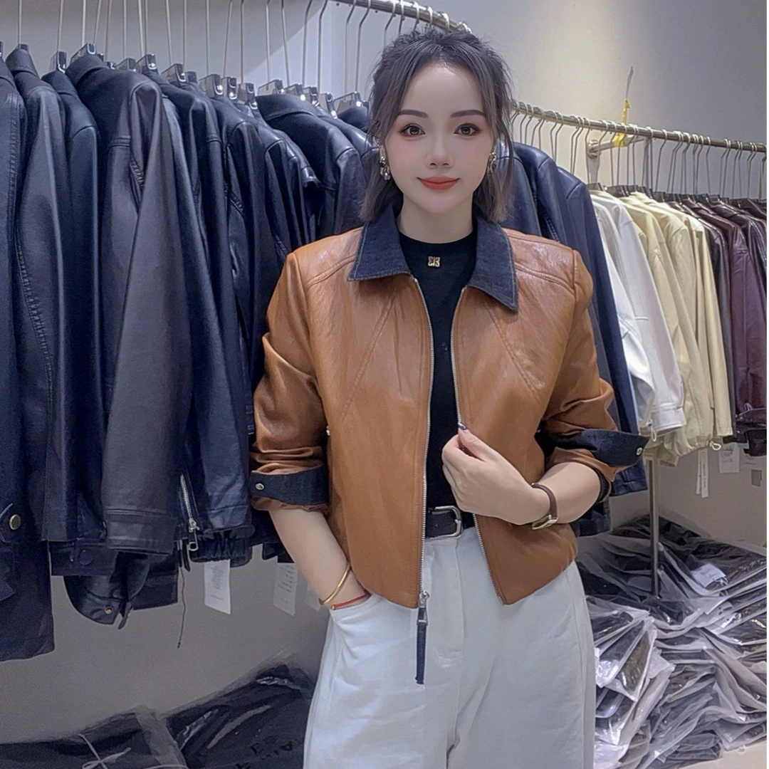 皮衣短外套女2025秋季新款撞色牛仔拼接翻领短款PU夹克上衣2210