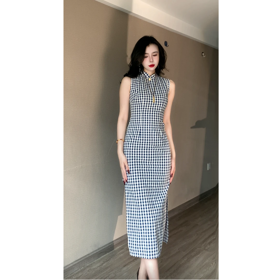 【定格】绫曦2025春夏新款优雅修身格子显瘦气质旗袍裙
