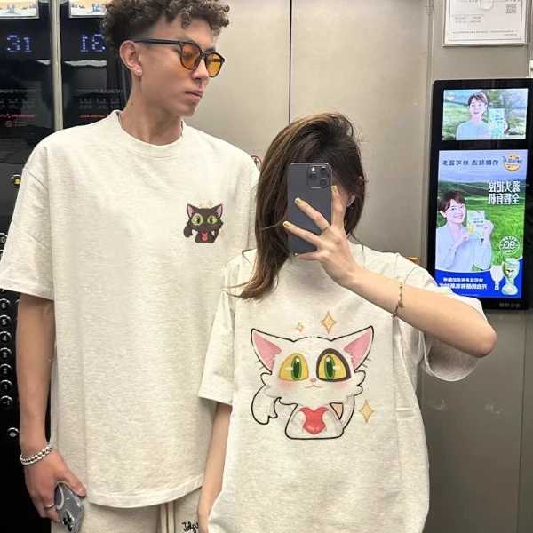 情侣装2025新款一男一女情侣短袖潮牌高级感夏季纯棉宽松休闲T恤