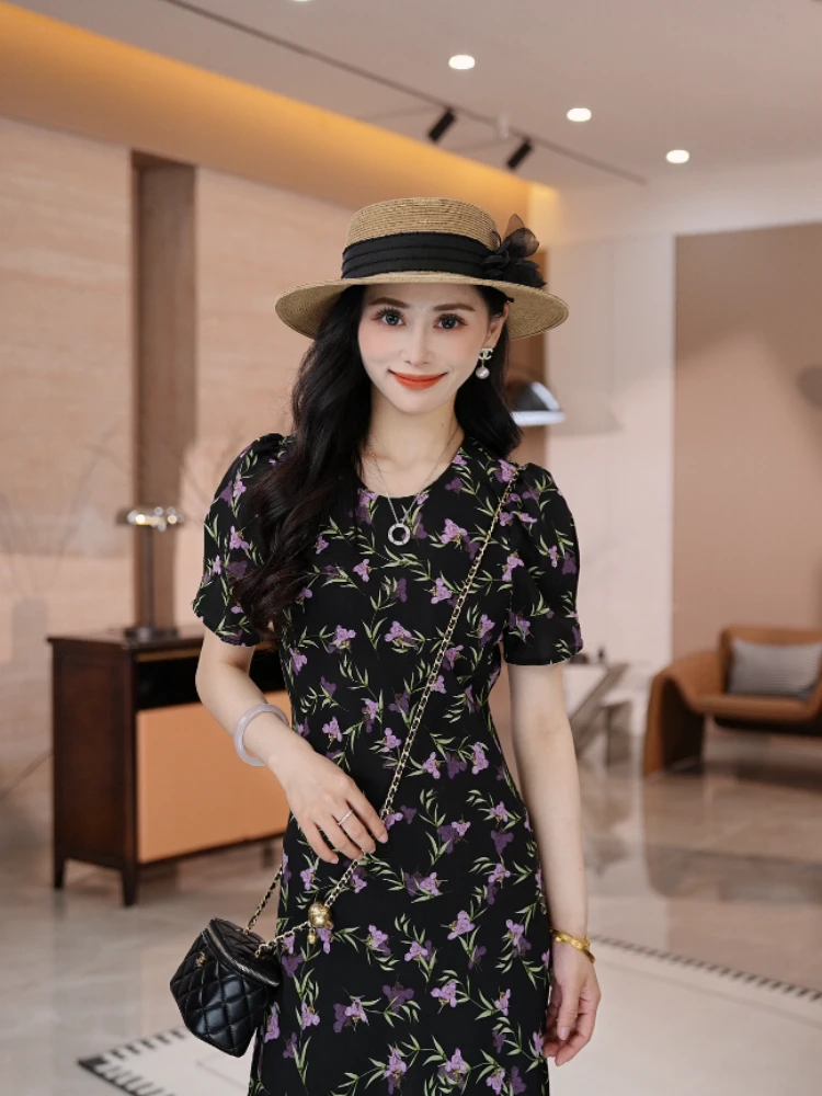 【紫影幽夜】45度斜裁法式紫色花气质修身遮肉显瘦短袖连衣裙-C2538