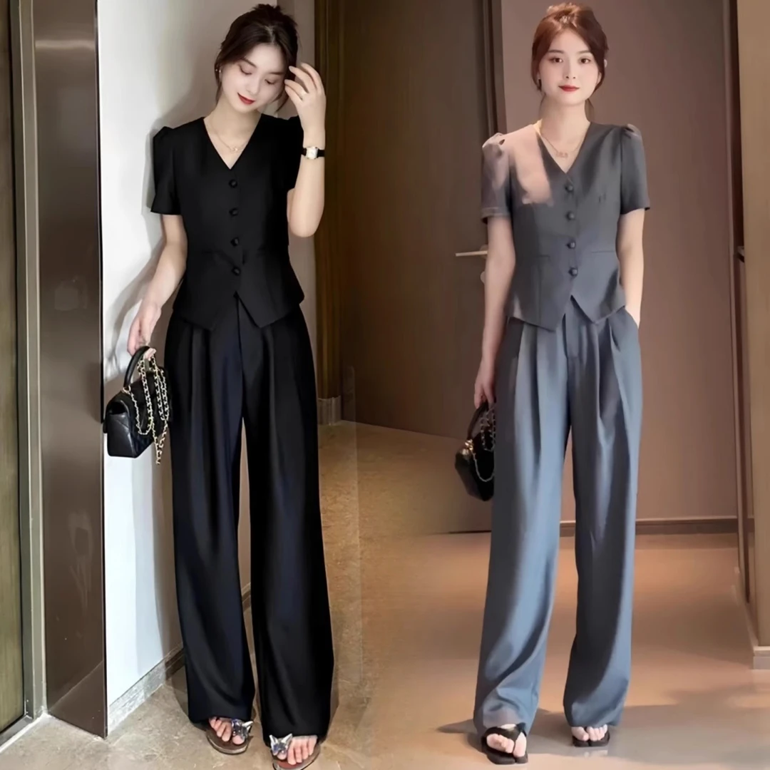 大码轻奢时尚套装女夏新款胖mm洋气短袖V领上衣阔腿裤气质两件套