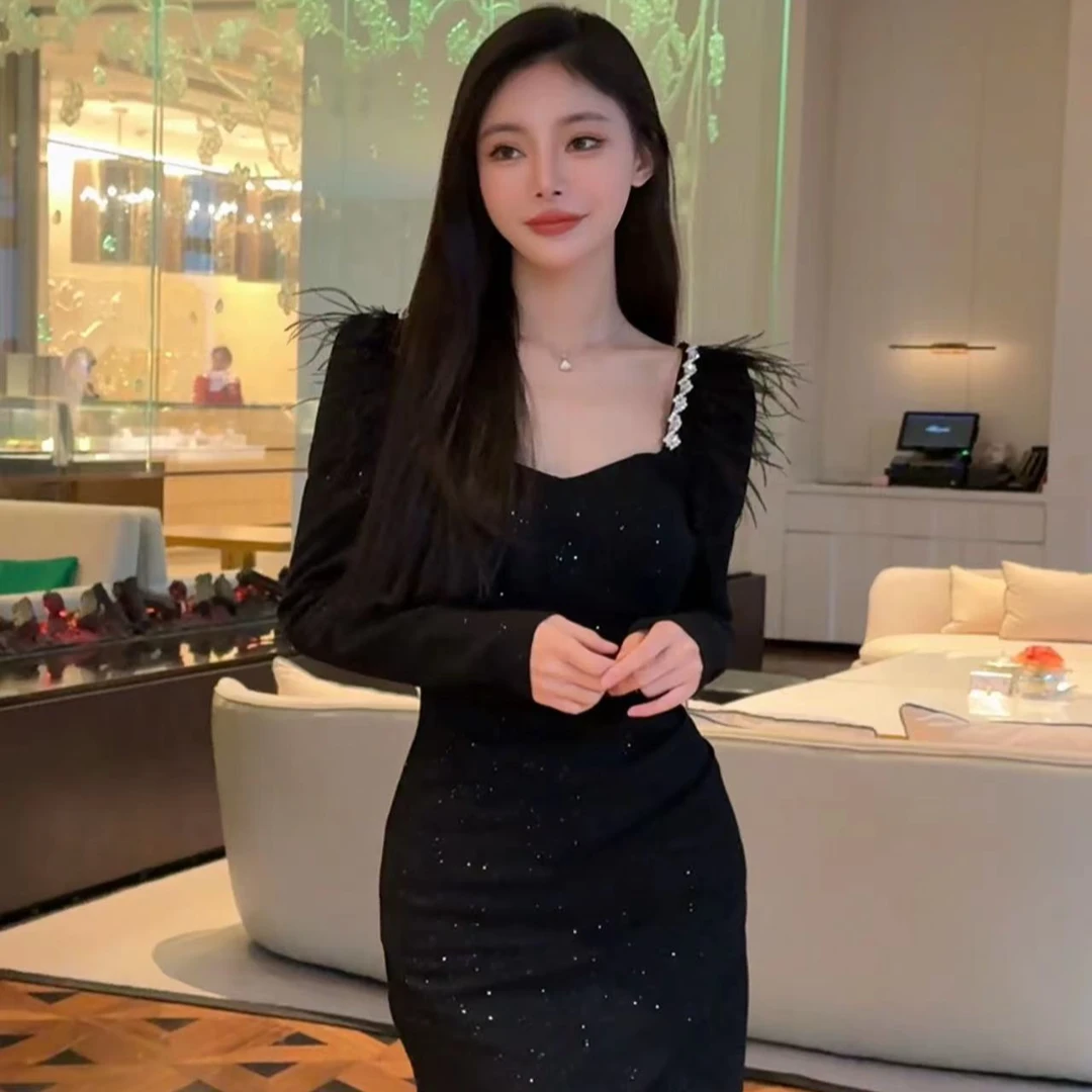 长袖方领设计感名媛短裙简约通勤气质连衣裙春季高腰8615