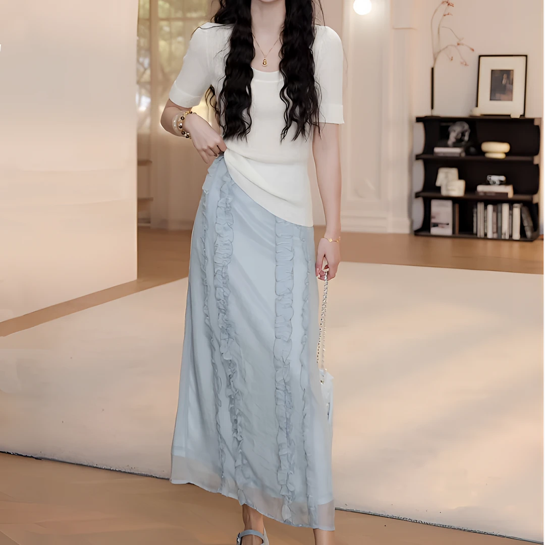 夏季新款时尚洋气短袖针织衫+半身裙两件套设计感减龄套装女