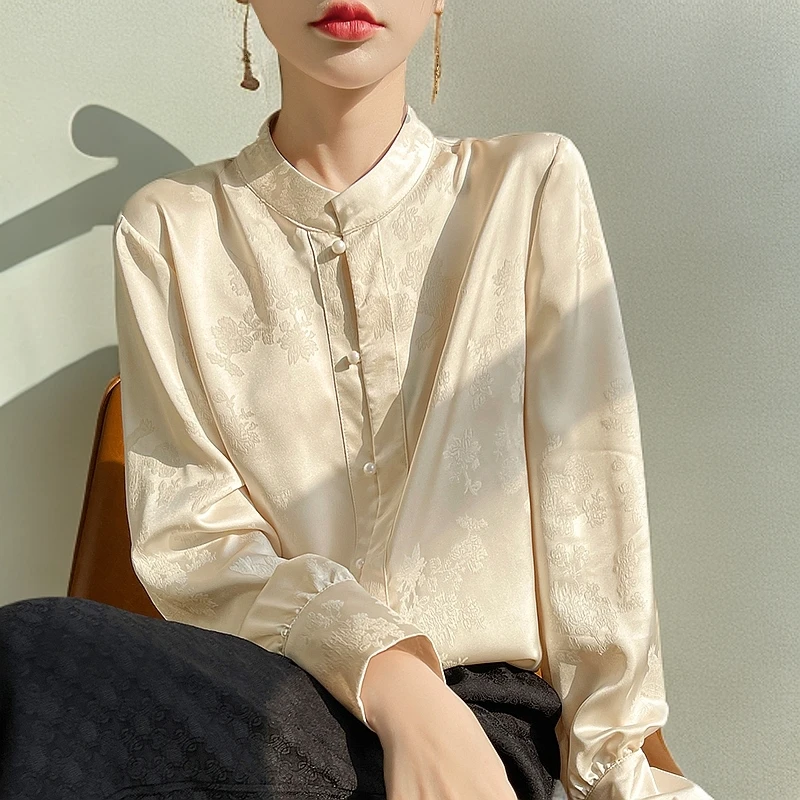 新中式提花真丝衬衫女款立领衬衣国风春秋减龄长袖薄款外套上衣