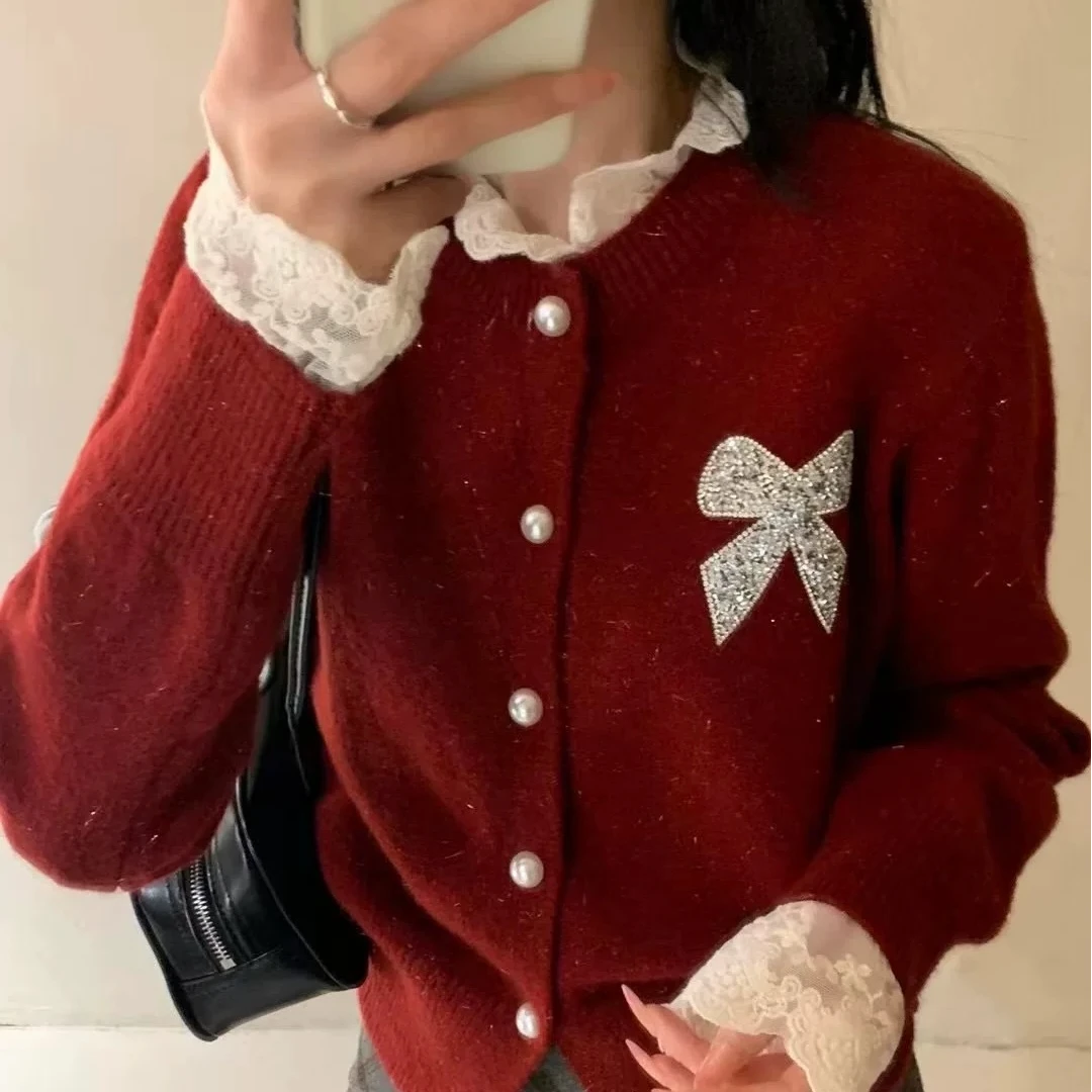 法式甜美风蕾丝花边烫钻蝴蝶结针织开衫女秋冬温柔系软糯短款毛衣