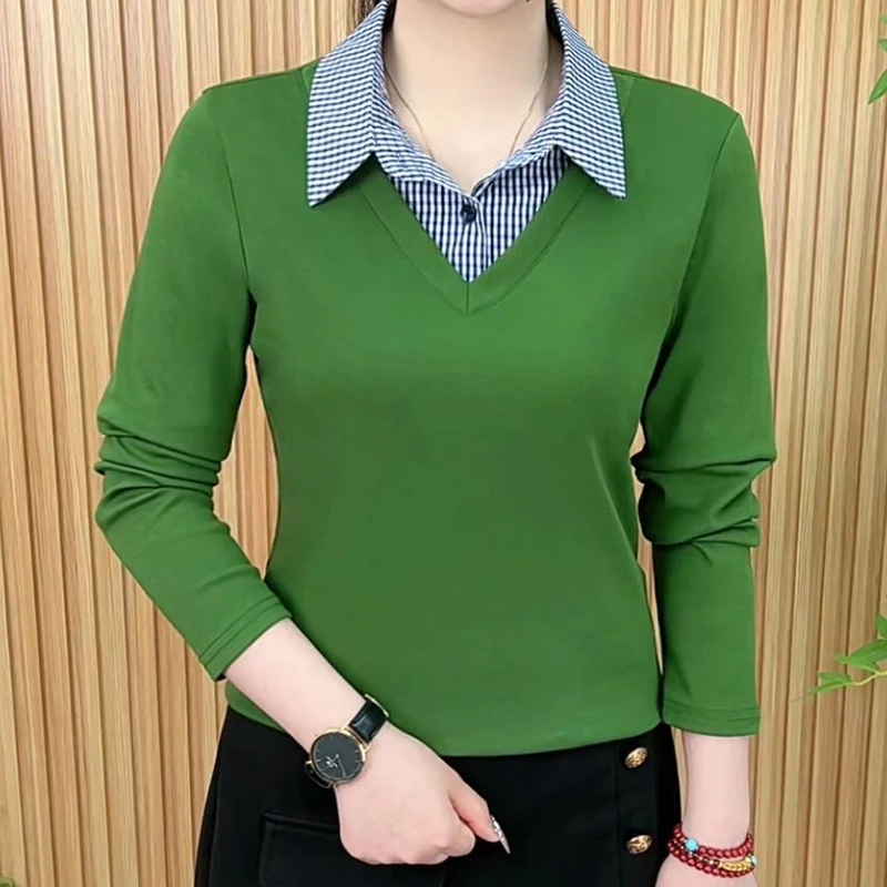 春季时尚洋气新品翻领拼接撞色气质百搭显瘦休闲上衣假两件衬衣女