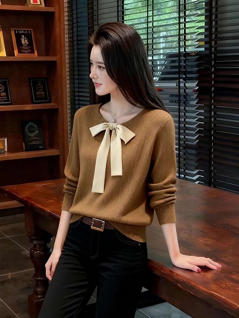 2025秋冬轻熟风气质轻奢针织衫小众不撞款卡其色蝴蝶结宽松毛衣女