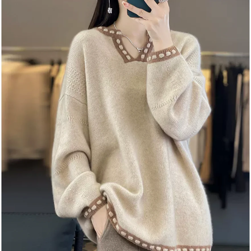 羊绒衫女V领拼色打底衫毛衣宽松慵懒风针织羊毛衫