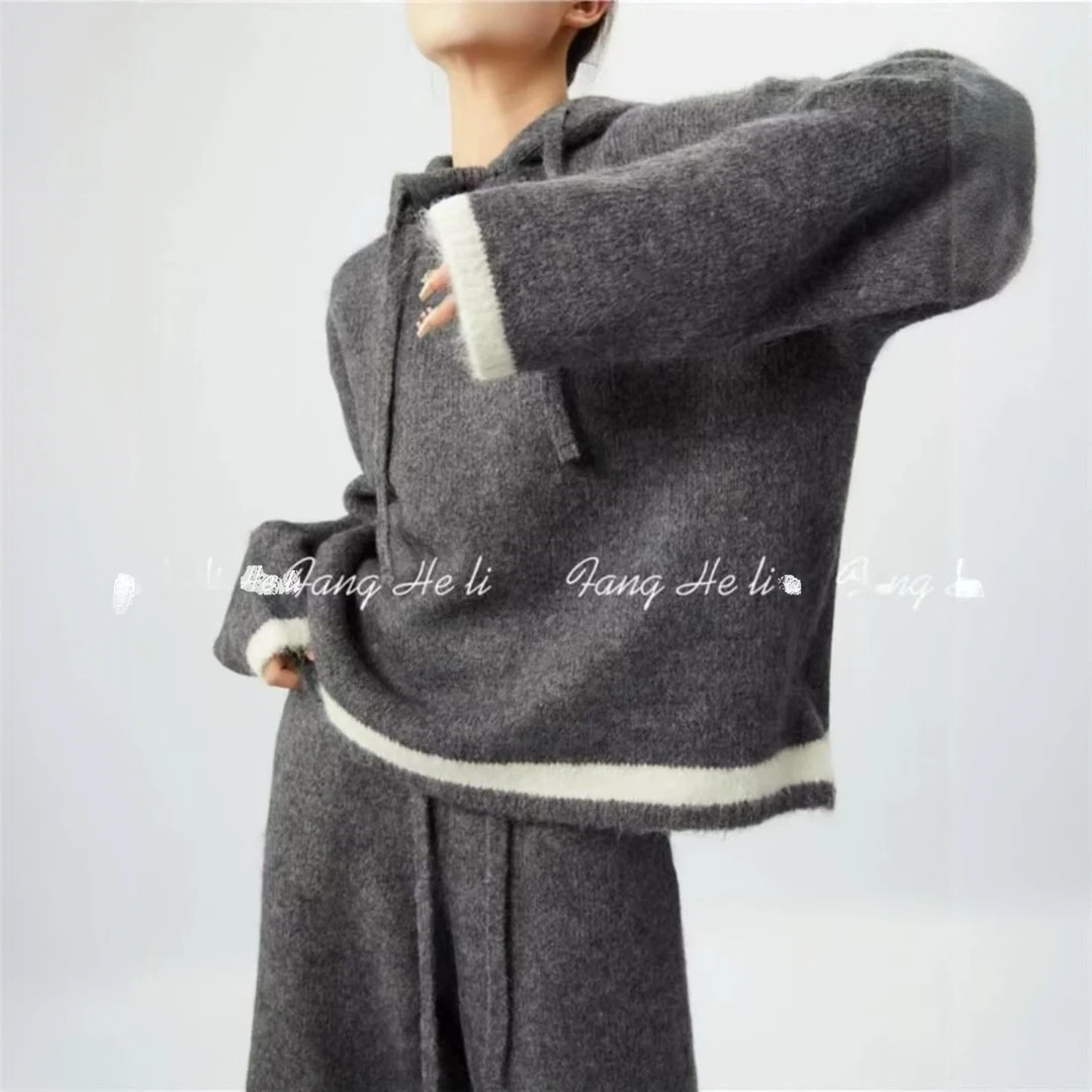 【北北专属-8026】灰色针织物连帽卫衣套装2025秋冬新款休闲阔腿裤