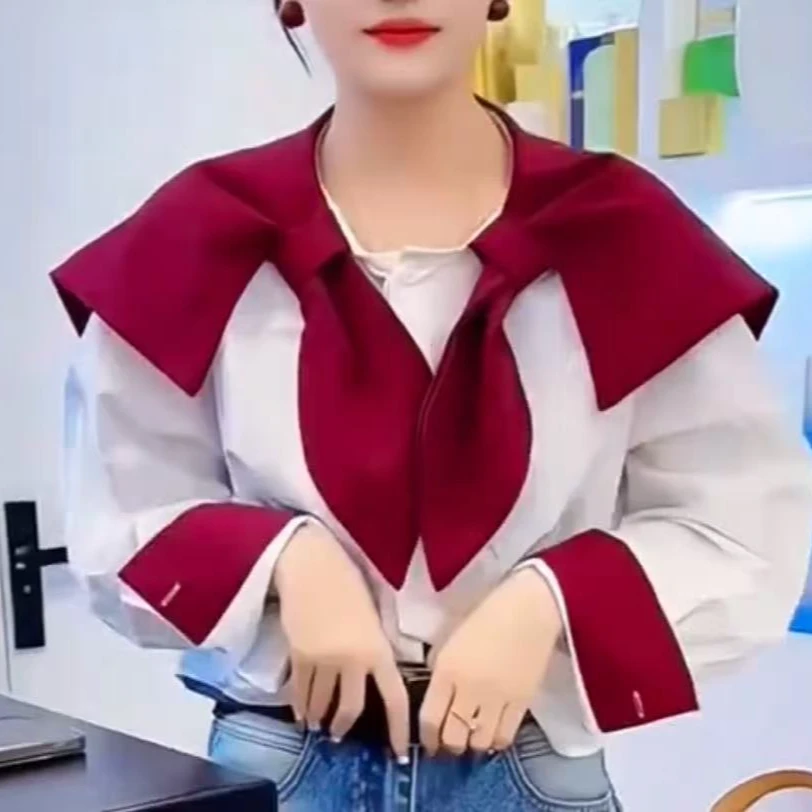 海军领拼接撞色短款衬衫839