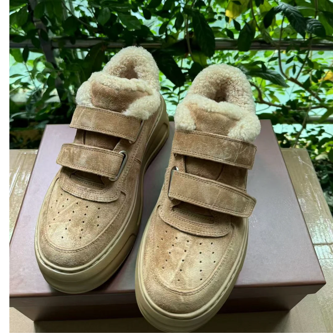 2024欧货魔术贴女鞋休闲板鞋保暖增高鞋小个子潮鞋真皮真毛厚底鞋