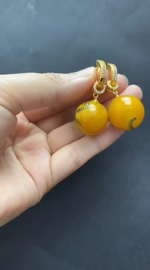 银S925镶嵌琥珀裸石蜜蜡耳坠