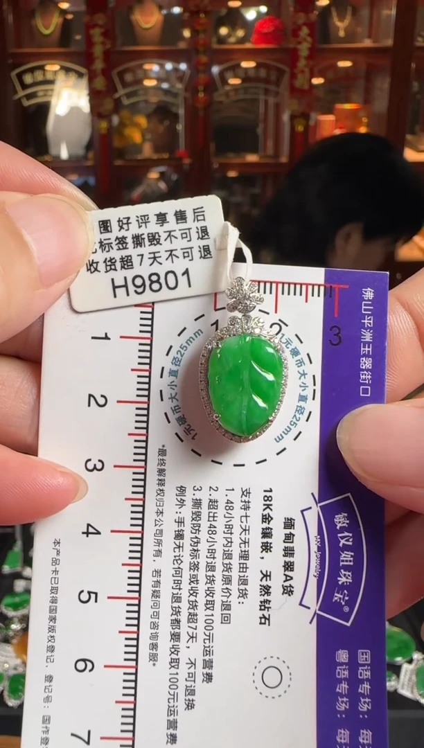 颈饰18K金镶嵌翡翠H9801冰绿叶子
