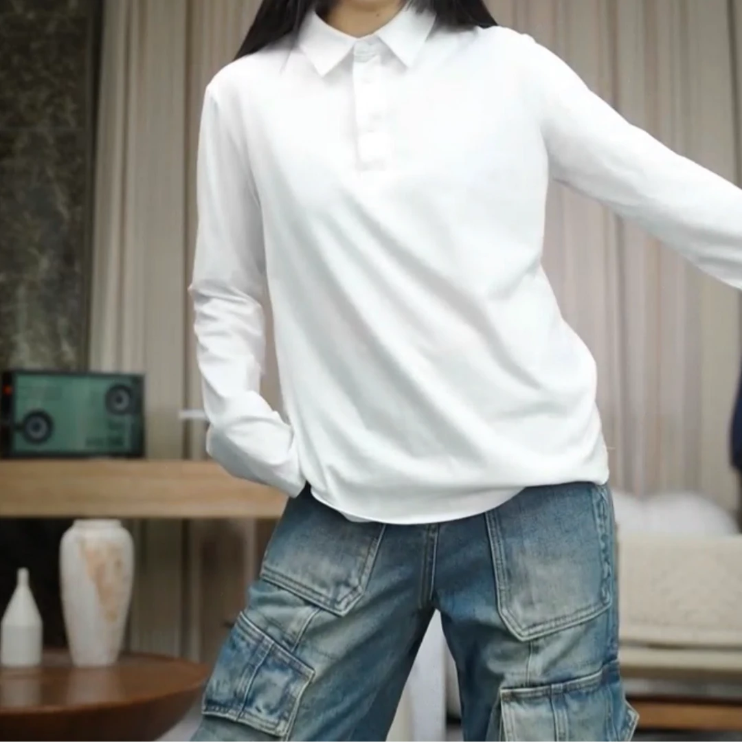 infobyfive2025秋冬新款宽松长袖三粒扣POLO衫二店NF0508032