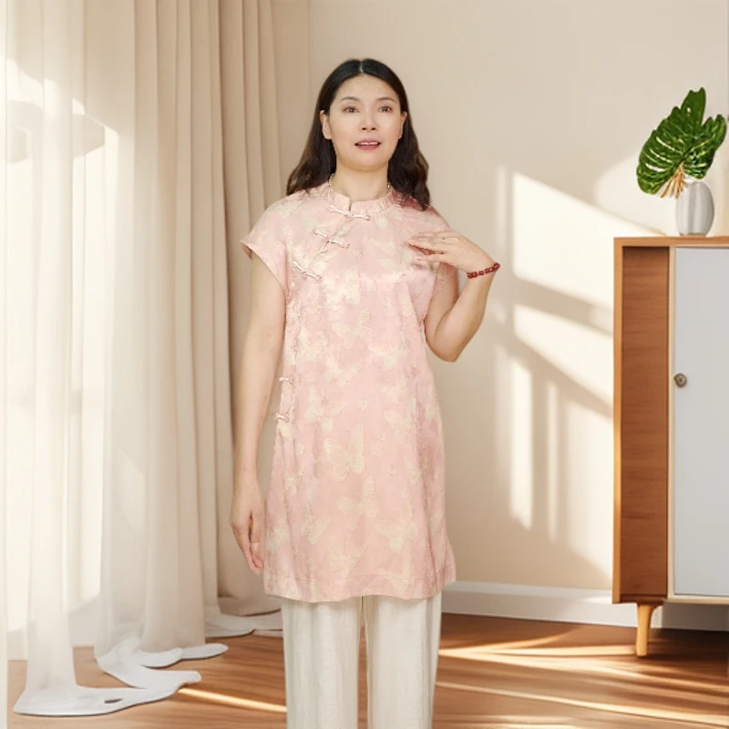 新中式国风奥黛2025新款气质粉色蝴蝶提花中长上衣女短袖衬衫盘扣