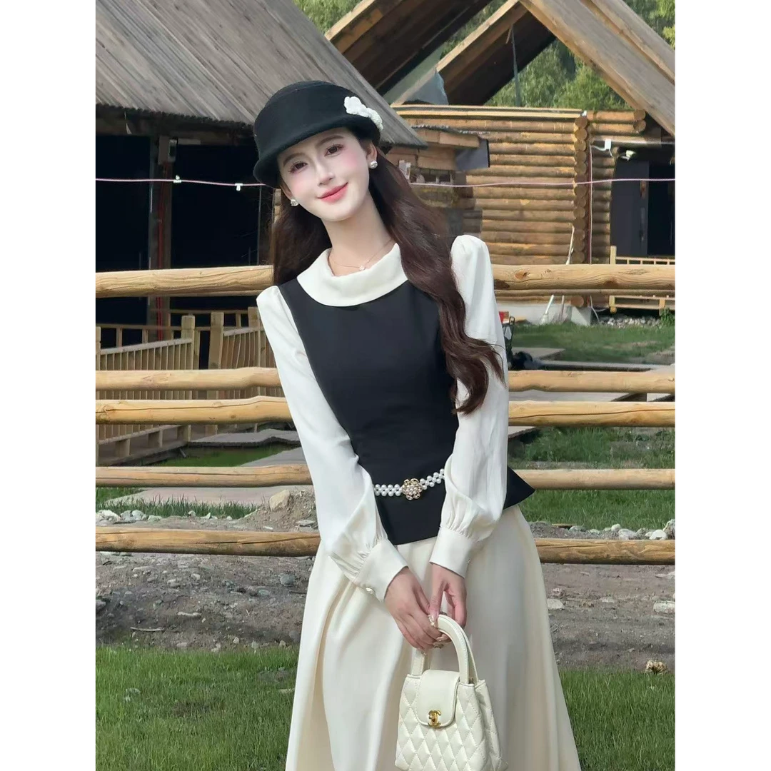 【布达佩斯】LiLi法式赫本风气质优雅白拼黑显瘦连衣裙裙子XMZH9316