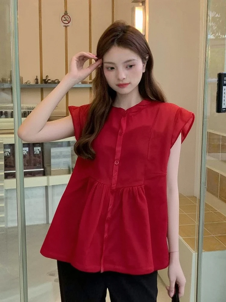 2025超火夏超好看高级感轻奢绝美高贵气质独特漂亮小飞袖红色上衣