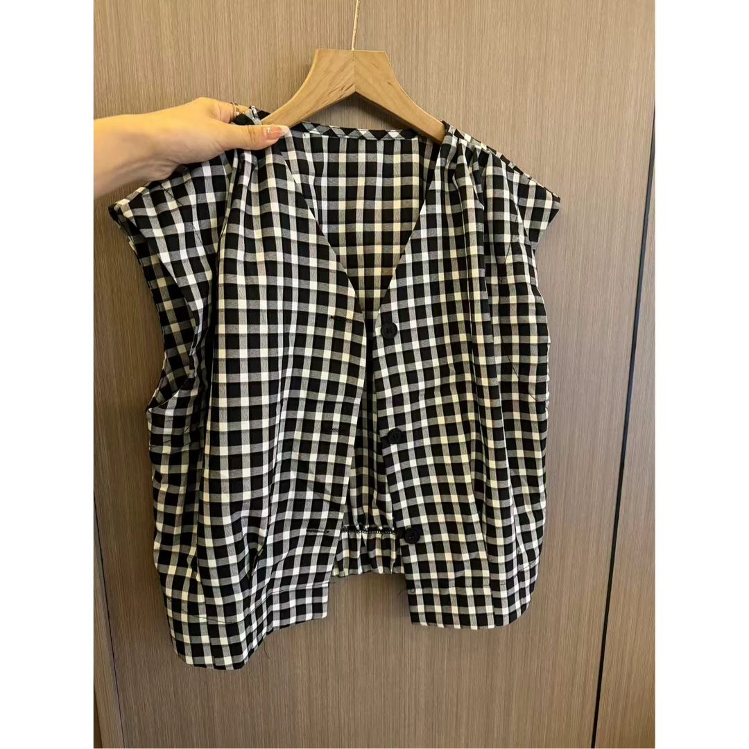 晚古欧  百搭短款无袖格子上衣