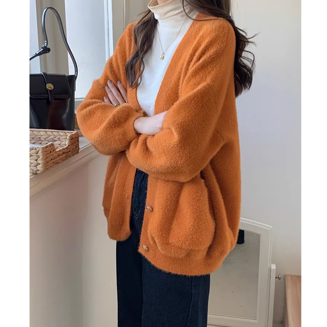 超好看南瓜橘色水貂绒毛衣开衫女秋冬季厚宽松慵懒风V领针织外套