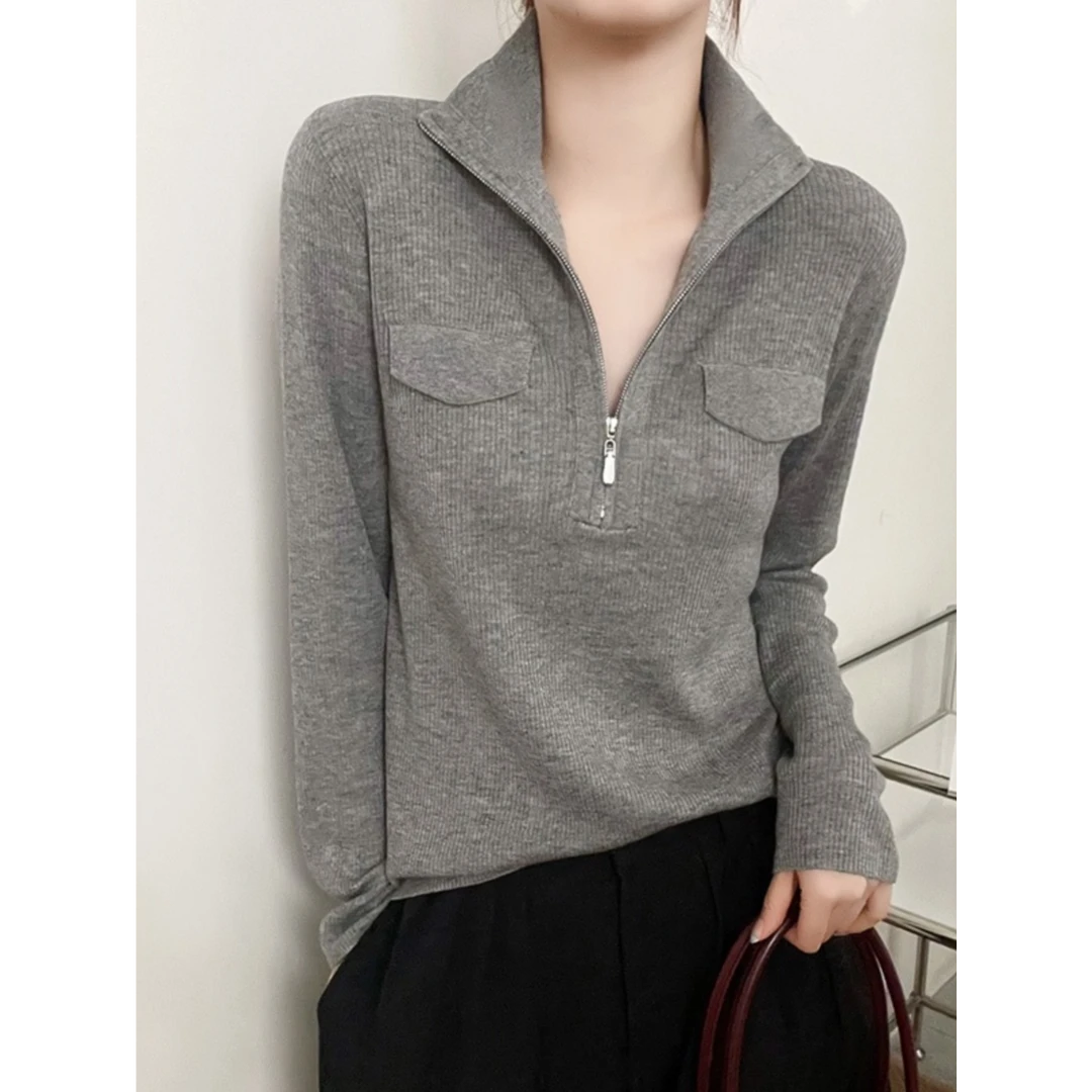 半高领拉链针织打底衫女秋冬2025新款时尚显瘦简约设计感小众上衣