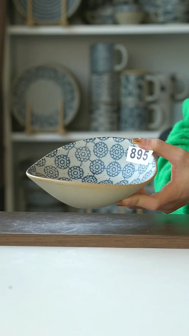 陶瑕895粗陶手绘绣球海浪碗16cm@7-7@不退换