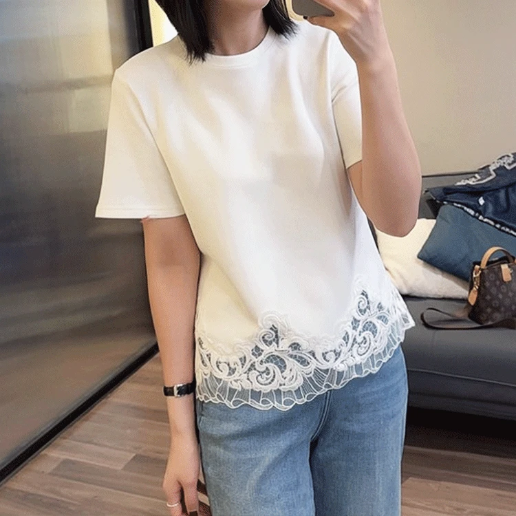 白色蕾丝拼接短袖t恤女2025新款爆款夏季设计感漂亮独特别致上衣