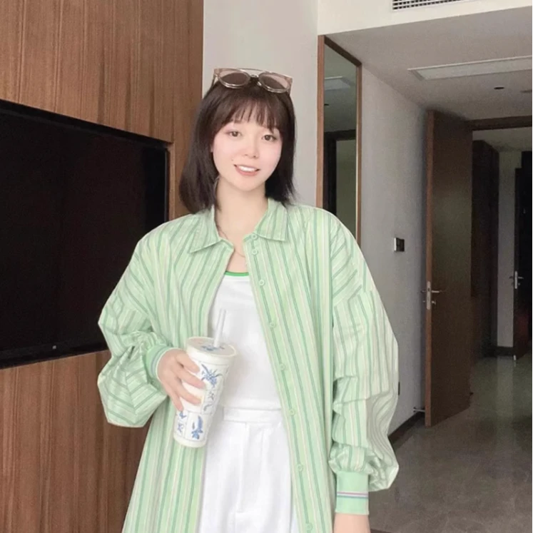 【商场同款】春秋新款衬衫荷叶边立领长袖宽松百搭条纹长款衬衣小众